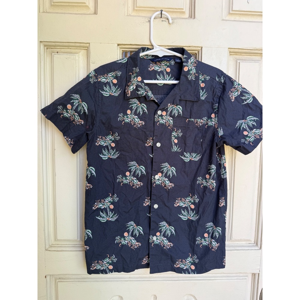 Janie and Jack Blue Palm Tree Tropical Short Sleeve Button Down Shirt Size 7